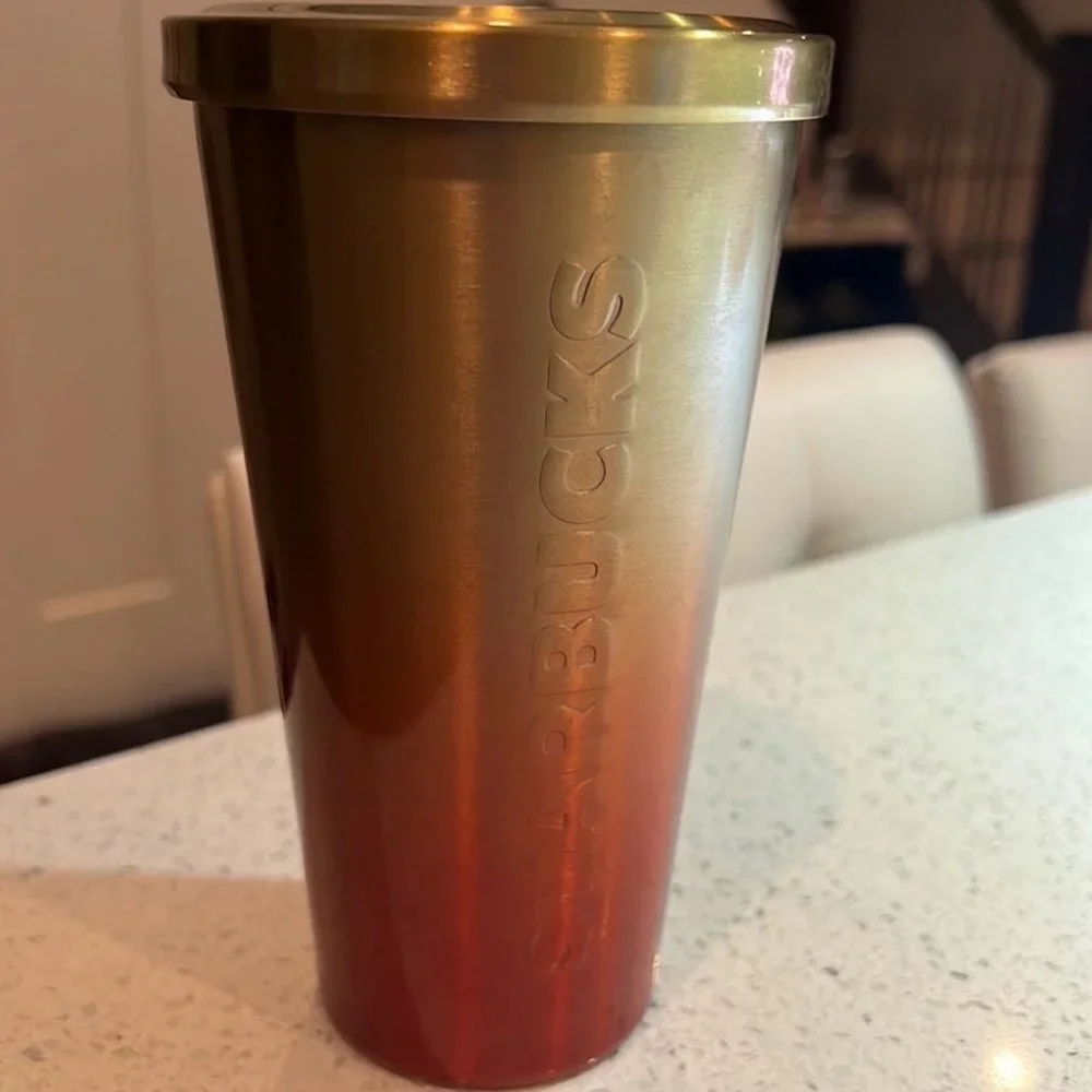 Starbucks metal tumblr cup vintage y2k gold & orange ombré water bottle cute